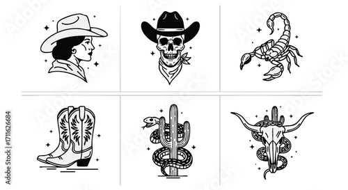 Western-themed illustrations of cowboys, boots, skulls, and desert icons in modern tattoo style