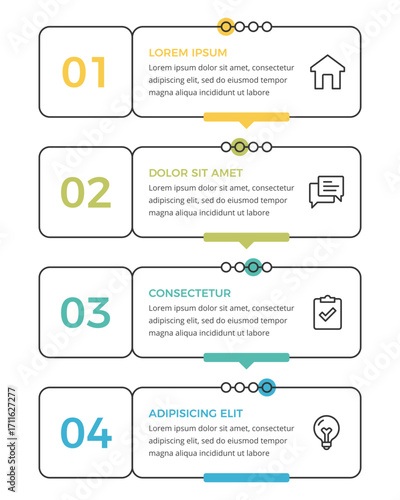 Modern horizontal step by step infographic template with four numbered boxes, connecting lines, icons, and text areas