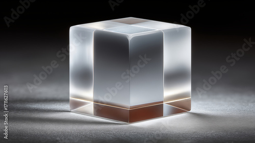 Transparent crystal cube with internal reflections on metallic surface creating modern geometric abstract composition