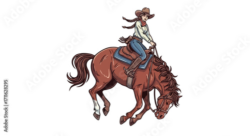Dynamic cowgirl riding a bucking horse, embodying strength and western spirit, isolated