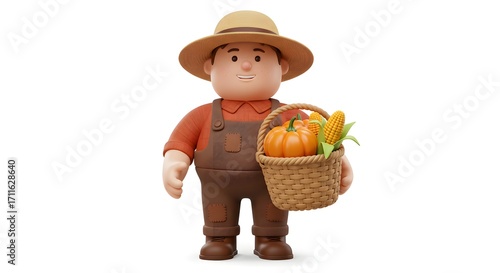 3d Cartoon Farmer with Corn Basket - Cute Thanksgiving illustration of historical figure holding fresh fruits and vegetables.