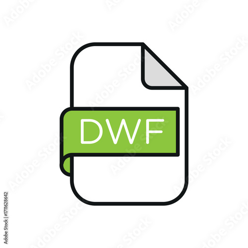 Illustration of a dwf file format icon with a green label and black outline on a white background