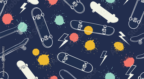 Vibrant skateboard pattern with colorful paint splatters on a stylish, modern background