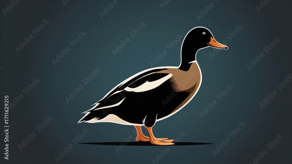 Fototapeta premium A stylized illustration of a duck standing on a flat surface against a dark blue gradient background.