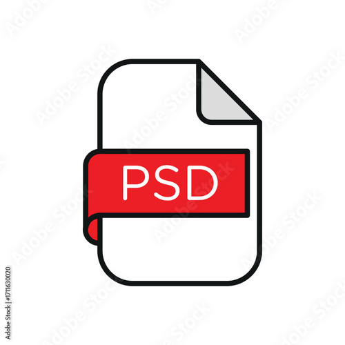 Illustration of a psd file icon with red banner and folded corner on a white background format type