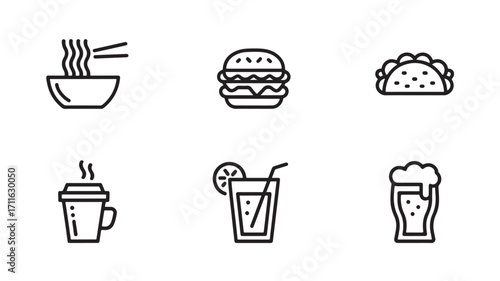 Line icons of popular food and drinks including ramen burger taco coffee lemonade and beer representing global cuisine and refreshment