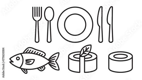 Line art illustration of a sushi dinner place setting including fish maki and chopsticks symbolizing Japanese cuisine and culinary culture