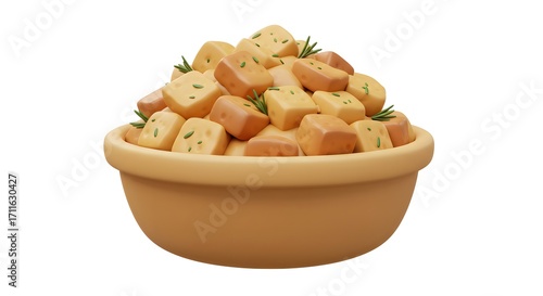 3d Cartoon Stuffing Bowl - Stylized illustration of delicious fried tofu or crispy potatoes.
