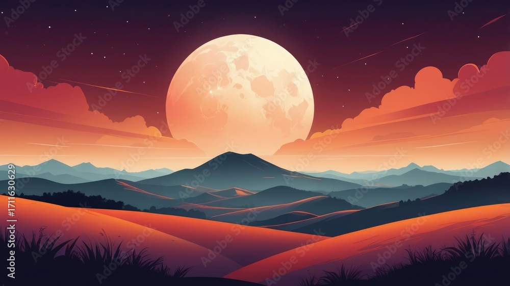 Fototapeta premium A giant, luminous moon dominates a serene nightscape over rolling hills and distant mountains.