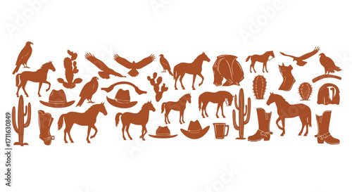 Western themed elements like horses, eagles, hats, and boots create a rustic, classic design