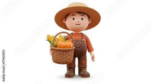 3D cartoon farmer character holding a harvest basket with pumpkin and corn on white background