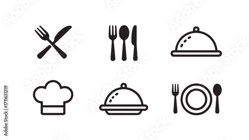 Set of six restaurant icons including cutlery chef hat and cloche representing food service fine dining and culinary arts