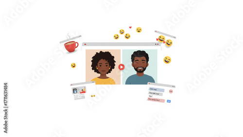 Advanced Virtual Communication: Engaging Video Call with Friends Using Emojis and Chat Features, illustration,vector,with white Transparent background