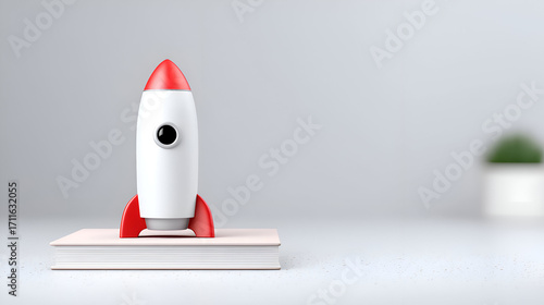 A toy rocket sits on a book, ready for launch. A powerful metaphor for startups, innovation, and growth built on a foundation of knowledge.