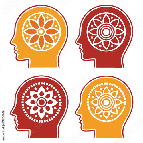 Four profile heads with floral mandala designs brainstorming ideas diverse thinking stakeholder icon