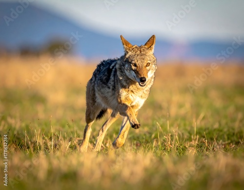 Running coyote in golden light
