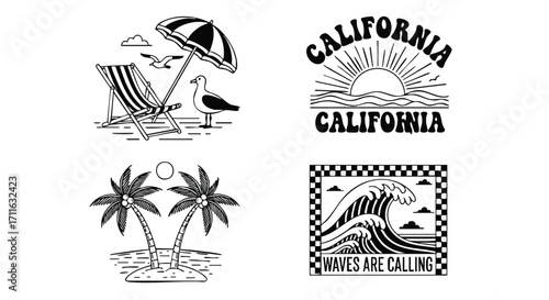 California summer vibes with beach umbrella, palm trees, and ocean waves for coastal designs