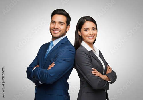 A professionally dressed man and woman stand side by side with their arms crossed against a plain background.