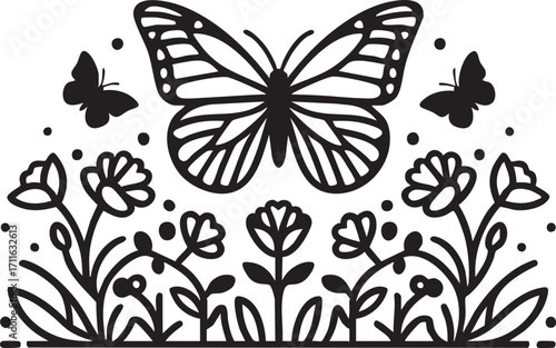 Butterfly and flower vector design - black and white illustration eps silhouette