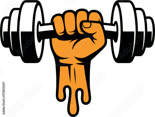 Orange fist gripping dumbbell dripping sweat workout motivation vector