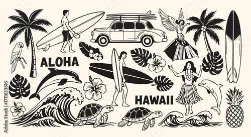 Hawaii travel illustration with surfers, waves, and tropical elements for vacation vibes