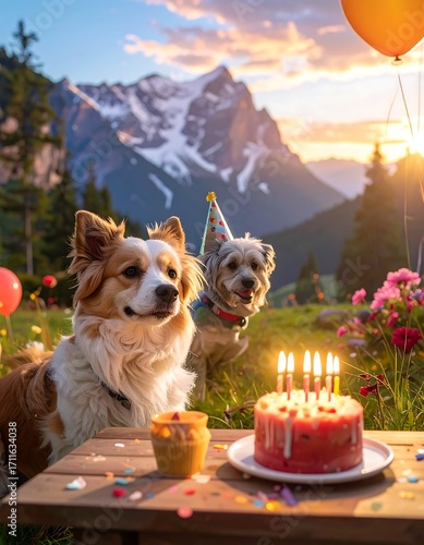 Dogs celebrate birthday in scenic meadow