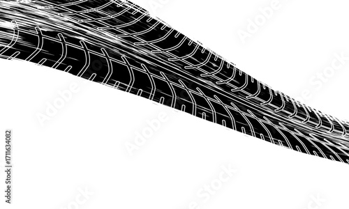 Tire trace track. Abstract wheels braking distances, tread silhouettes brushes. Isolated car or motorcycles vector trails