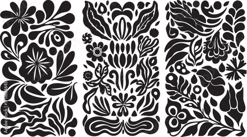 Black and white floral vector pattern, seamless flower designs, botanical illustration eps silhouette