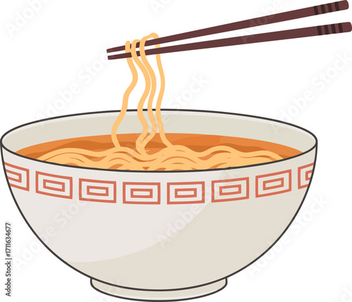 Delicious ramen noodles being lifted with chopsticks from a decorative bowl vector
