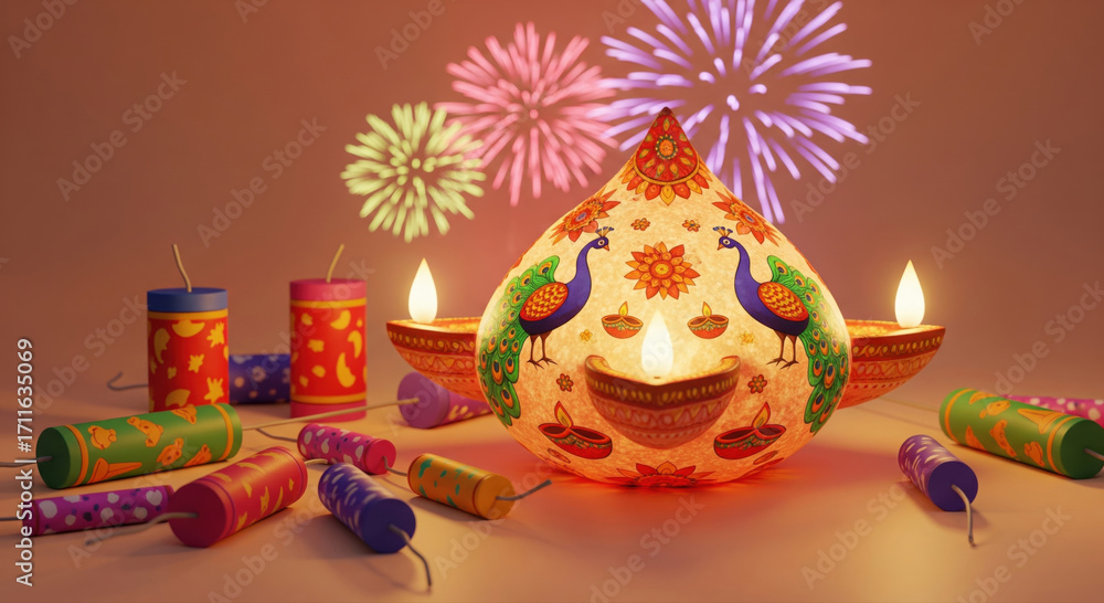 Fototapeta premium A beautifully decorated Diwali lamp with painted peacocks is surrounded by colorful fireworks and festive firecrackers.