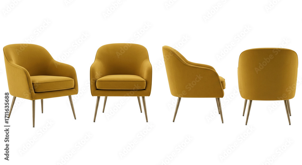 Obraz premium Mustard yellow armchair with four angles. Rounded lines, brass legs, and a graphic presentation of modern comfort.