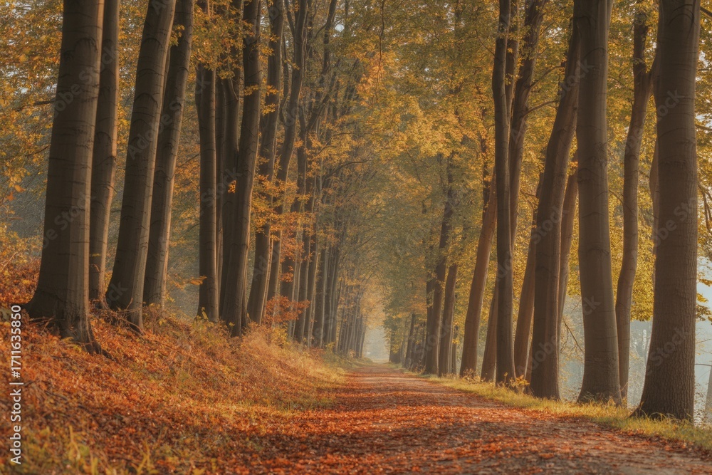 Fototapeta premium Vibrant autumn avenue bathed in golden light, inviting exploration through a magical forest path.