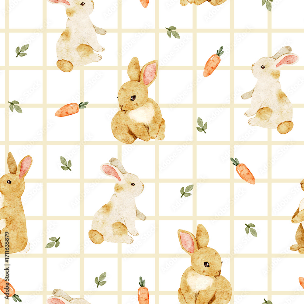 Obraz premium Watercolor seamless pattern with rabbits, carrots and leaves on plaid background. Cute bunny. For textile, fabric, wrapping, packaging, scrapbooking, wallpaper, kids and cozy rustic countryside decor