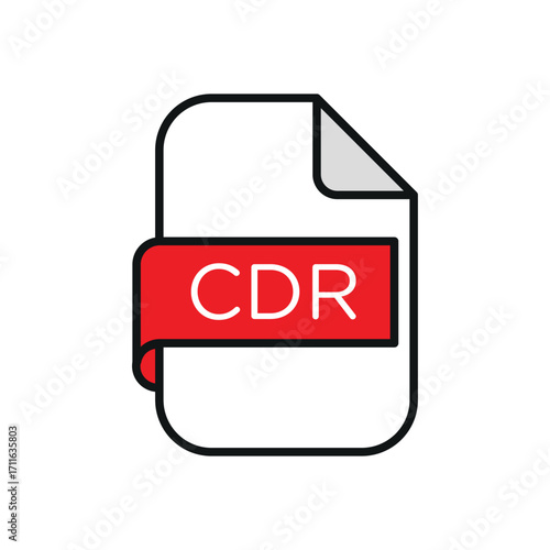 Illustration of a cdr file icon with a white document and red label displaying the file extension