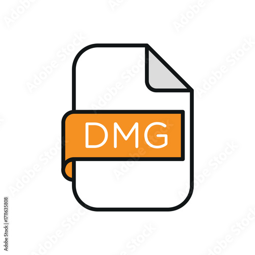 Illustration of a dmg file icon with orange label and black outline on a white background image file