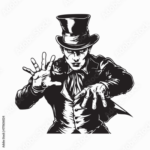 Magician Performing Magic Trick in Classic Costume on white background
