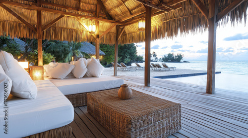 Obraz na plátně Luxurious tropical beach resort with comfortable seating, wooden deck, and stunning ocean view at sunset