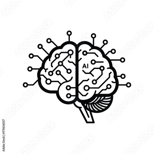 Conceptual illustration of a human brain merging with a digital circuit board representing artificial intelligence and machine learning