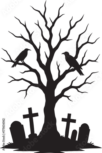 Haunted Graveyard Scene with Creepy Dead Tree Ravens and Tombstones Spooky Gothic Halloween Cemetery Illustration for Dark Horror and Scary Night Background Design