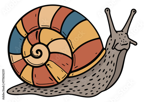 Colorful snail with a striped shell. Invertebrate pest of agricultural crops. Easily digestible protein, gourmets snail farms, restaurant menus. Hand drawn comic design children education book