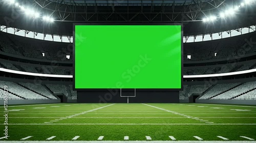 Empty American football stadium with large green screen scoreboard on a vast field, ready for custom content display