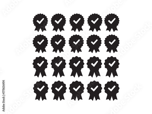 Collection of black certified approved ribbons with checkmarks for quality and success