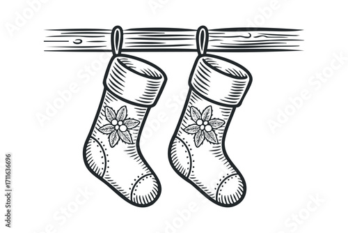 Poinsettia Decorated Christmas Stockings Hanging. Vector hand drawn illustration