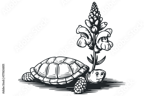 Turtle with Tall Spiked Flower. Vector hand drawn illustration