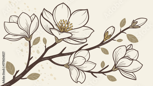 Illustration of a flowering branch with white magnolia blossoms and small leaves on a beige background
