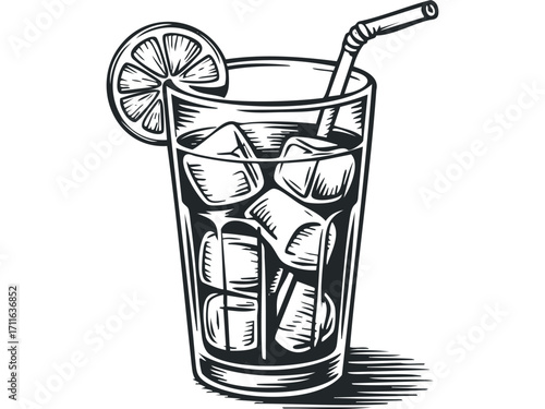 Tall glass with ice and lemon slice with straw on transparent background. Vector hand drawn illustration