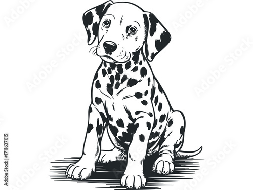 Dalmatian puppy sitting on wooden planks. Vector hand drawn illustration