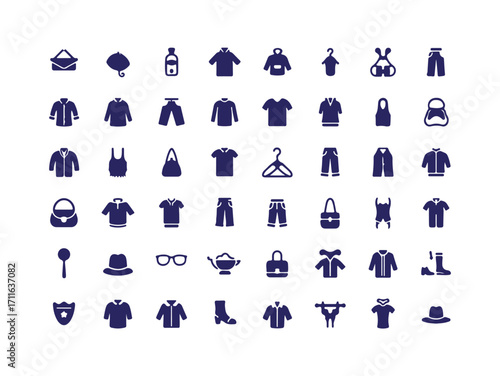 Collection of clothing and fashion icons representing wardrobe essentials and style choices