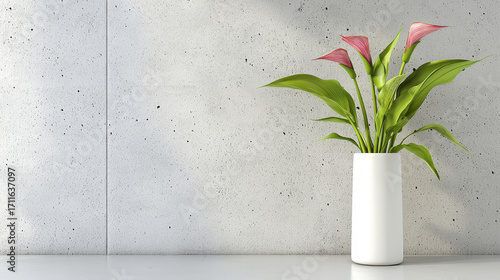 Fotografie Modern interior featuring white vase with vibrant pink calla lilies against text