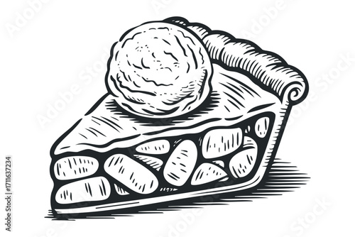 Slice of pie with ice cream scoop on transparent background. Vector hand drawn illustration
